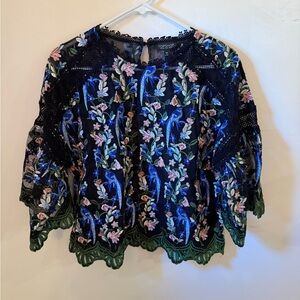 Topshop Black Lace Blouse with Blue & Pink Floral Embroidery